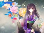  black_hair expressionless floral_background floral_print flower grey_background japanese_clothes kazu_(muchuukai) kimono long_hair original purple_eyes solo violet_eyes 