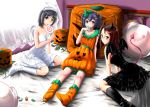  7001 angel bed blush bubble_skirt candy costume halloween halo highres horns jack-o&#039;-lantern jack-o'-lantern long_hair looking_back multiple_girls original short_hair sitting smile tail wings 