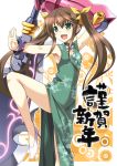  brown_hair china_dress chinese_clothes dress fang fighting_stance green_dress green_eyes hair_ribbon huang_lingyin infinite_stratos legs long_hair new_year open_mouth polearm ribbon solo soukai_(lemonmaiden) translated twintails weapon 
