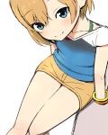  1girl blonde_hair blue_eyes from_above kemu_(pixiv463430) looking_at_viewer miyamori_aoi shirobako short_hair sitting skirt smile solo thighs 