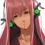  bad_id blood collarbone empty_eyes expressionless face glowing head_tilt headphones long_hair looking_at_viewer nosebleed original pink_hair portrait red_eyes simple_background solo tef white_background 