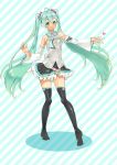  aqua_eyes aqua_hair boots detached_sleeves hatsune_miku jun_(spitfire) long_hair necktie open_mouth pigeon-toed pigeon_toed skirt solo striped striped_background thigh-highs thigh_boots thighhighs twintails very_long_hair vocaloid 
