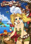  belt blonde_hair blue_eyes blue_hair boat boots bracelet breasts cleavage crop_top empew fishing_rod front-tie_top gun hat jewelry midriff musket octopus open_mouth pirate_hat pirate_legacy raft red_eyes rope short_shorts shorts smile swimming tied_shirt twintails weapon 