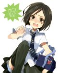  1girl bad_id black_hair blush bob_cut boxers bull dokuitigojam fate/zero fate_(series) green_eyes male_underwear necktie school_uniform sensha_otoko short_hair shorts_under_skirt solo tears underwear vertical-striped_legwear vertical_stripes waver_velvet 