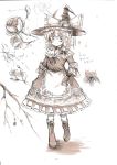  absurdres aidumi boots braid cross-laced_footwear embellished_costume gloves hat highres kirisame_marisa lace-up_boots monochrome side_braid solo touhou wavy_hair witch witch_hat 