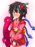  alternate_costume alternate_hairstyle asymmetrical_wings black_hair blush bust hair_ornament hair_stick houjuu_nue ichimi japanese_clothes kimono leash obi payot pointy_ears red_eyes shy snake solo touhou v_arms wings 