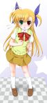  1girl blonde_hair blush flipper full_body green_eyes hair_ribbon heterochromia highres long_hair lyrical_nanoha mahou_shoujo_lyrical_nanoha_vivid open_mouth red_eyes ribbon school_uniform shoes short_sleeves skirt socks standing star tears two_side_up vivio 