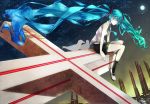  aqua_hair cross footwear hatsune_miku long_hair looking_at_viewer modern_afro necktie red_eyes shoes sitting skirt socks solo twintails very_long_hair vocaloid 