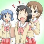  ? ?? aioi_yuuko black_eyes black_hair blue_eyes blue_hair brown_hair chair closed_eyes commentary eyes_closed gaketsu multiple_girls naganohara_mio nichijou school_uniform serafuku shinonome_nano short_hair tongue tongue_out twintails winding winding_key 