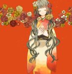  brown_rose buzz closed_eyes eyes_closed fingernails flower hair_flower hair_ornament japanese_clothes kimono orange_(color) orange_background orange_rose original red_rose rose seigaiha simple_background solo twintails yellow_rose 