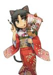  black_hair carp cat_ears cat_tail daruma_doll fan fish flower highres ike_(altitude_attitude) japanese_clothes kimono kurona_(neko_musume_michikusa_nikki) maneki-neko maneki_neko neko_musume_michikusa_nikki pencil solo tail tongue yellow_eyes 