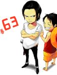  akinao akinao_(yakucha) angry black_hair child crossed_arms frown happy hat male monkey_d_luffy multiple_boys one_piece pistol simple_background sir_crocodile smile straw_hat t-shirt time_paradox weapon white_background white_shirt young 