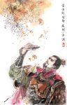 armor black_hair branch cape chinese_clothes cup facial_hair gauntlets goatee headdress mustache open_mouth outlaws_of_the_marsh petals plant song_jiang tattoo 