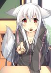  animal_ears blush breasts chalkboard checkerboard_cookie classroom cleavage cookie desk food food_in_mouth fox_ears fox_tail hoodie long_hair mouth_hold original oruton pov pov_feeding red_eyes shi-chan_(oruton) silver_hair smile solo tail window 