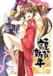  brown_hair china_dress chinese_clothes dress fang fighting_stance green_eyes hair_ribbon huang_lingyin infinite_stratos legs long_hair new_year open_mouth polearm red_dress ribbon solo soukai_(lemonmaiden) translated twintails weapon 