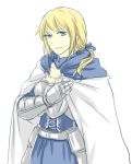  armor biaji blonde_hair blue_eyes cape fate/prototype fate/stay_night fate_(series) faulds gauntlets genderswap hand_on_own_chest ponytail saber_(fate/prototype) short_ponytail solo 