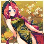  :o bare_shoulders blue_eyes blush bow braid china_dress chinese_clothes floral_print flower hair_bow hat highres hong_meiling long_hair looking_at_viewer no_panties open_mouth red_hair redhead side_slit solo star touhou twin_braids very_long_hair yuuki_keisuke 