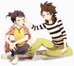  brown_eyes brown_hair frown fudou_akio inazuma_eleven inazuma_eleven_(series) inazuma_eleven_go jacket lightning_bolt long_hair ono_(0_no) raimon shirt sitting smile soccer_uniform striped striped_shirt tsurugi_kyousuke yellow_eyes 