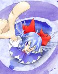  blue_hair bow cirno foreshortening hair_bow hands ice ice_wings pointing purple_eyes ribbon short_hair smile solo touhou violet_eyes wings wink yrjxp065 