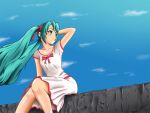  7001 blush hatsune_miku long_hair sitting sky smile solo twintails very_long_hair vocaloid 