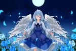  angel angel_wings blue_hair blue_rose bow fence flower full_moon long_hair moon nanatuki13 red_eyes rose sariel solo touhou touhou_(pc-98) white_wings wings wink 