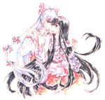  black_hair bow eye_contact face-to-face frilled_sleeves fujiwara_no_mokou hair_bow hand_holding highres holding_hands houraisan_kaguya long_hair long_sleeves looking_at_another mochaaoi multiple_girls nervous red_eyes touhou traditional_media watercolor_(medium) white_hair wide_sleeves yuri 