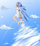  accelerator airplane alternate_costume barefoot bird blue_hair blush bottomless bow cirno cloud condensation_trail crossover flying hair_bow highres ice ice_wings jont no_pants no_shoes short_hair sky smile solo to_aru_majutsu_no_index touhou wings 