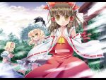  alice_margatroid ascot bow detached_sleeves hair_bow hakurei_reimu hands_together hat kirisame_marisa letterboxed looking_at_viewer miko multiple_girls profile skirt skirt_set sky torii touhou tree wide_sleeves witch witch_hat zakuro_minaraihei 