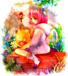  boots brick_wall chocobo closed_eyes eyes_closed final_fantasy final_fantasy_fables green_eyes hood i_wanna nature pink_hair robe shirma short_hair sitting sleeping wall white_mage 