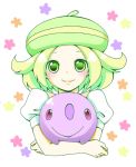  bel_(pokemon) beret blonde_hair creature crossed_arms floral_background green_eyes hat holding looking_at_viewer maro-ni munna pokemon portrait short_hair simple_background smile white_background 