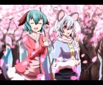  :d ^_^ animal_ears aqua_hair broom capelet cherry_blossoms closed_eyes dog_ears dowsing_rod forest green_hair grey_hair kasodani_kyouko letterboxed long_sleeves mouse_ears mouse_tail multiple_girls nature nazrin nogisaka_kushio nogizaka_kushio open_mouth outdoors petals red_eyes short_dress short_hair smile tail touhou tree walking 