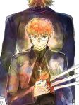  back-to-back bad_id black_keys brown_hair cassock cross cross_necklace emiya_shirou fate/stay_night fate_(series) glasses jewelry kotomine_kirei kotomine_shirou male multiple_boys necklace red_eyes red_hair redhead short_hair throwing_knife weapon what_if yukasu 