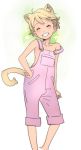  animal_ears blonde_hair blush cat_ears child closed_eyes eyes_closed grin hand_on_hip hips naked_overalls nishieda off_shoulder original overalls short_hair simple_background smile solo tail 