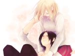  2girls black_hair blonde_hair christa_renz closed_eyes freckles highres hug hug_from_behind lap_pillow lying multiple_girls parted_lips shingeki_no_kyojin short_hair sitting tears tokiji touching white ymir_(shingeki_no_kyojin) yuri 