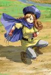  alena_(dq4) cape claws curly_hair dragon_quest dragon_quest_iv fingerless_gloves gloves hat long_hair naltoset open_mouth orange_hair red_eyes solo squatting 