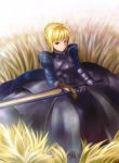  ahoge armor armored_dress avalon_(fate/stay_night) bad_id blonde_hair dress excalibur fate/stay_night fate_(series) field highres irohasu saber sheath sheathed solo sword weapon 