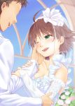 1boy 1girl blurry blush breasts bridal_gauntlets bride cleavage collarbone couple depth_of_field dress frills hand_on_another&#039;s_cheek hand_on_another&#039;s_face hand_on_another's_cheek hand_on_another's_face highres short_hair smile wedding wedding_dress 