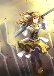  beret blonde_hair boots corset detached_sleeves dress drill_hair fingerless_gloves gloves gun hat long_hair magical_girl magical_musket mahou_shoujo_madoka_magica mushiboy rifle smile solo thigh-highs thighhighs tomoe_mami twin_drills twintails vertical-striped_legwear vertical_stripes weapon yellow yellow_background yellow_dress yellow_eyes zettai_ryouiki 