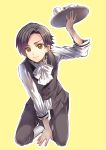  alternate_costume bad_id black_hair brown_eyes formal jude_mathis kneeling male mikou_(monpamanpe) necktie pants shoes simple_background solo sweat tales_of_(series) tales_of_xillia tray waiter yellow_background 