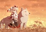  1girl animal_ears detached_sleeves flower grass hat hat_ribbon inubashiri_momiji light_particles long_sleeves midriff monmonga navel open_mouth pink_eyes ribbon shirt silhouette silver_hair skirt smile sunset tail tokin_hat touhou wide_sleeves wolf wolf_ears wolf_tail 