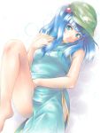  alternate_costume bare_legs blue_dress blue_eyes blue_hair china_dress chinese_clothes dress hair_bobbles hair_ornament hat kawashiro_nitori leg_up lying mochi.f on_back side_slit solo touhou twintails 