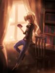  alternate_costume ayakashi_(monkeypanch) bad_id belt blonde_hair book bookshelf braid chair contemporary curtains hair_ribbon highres jeans kirisame_marisa no_hat no_headwear ponytail reading ribbon room sleeves_pushed_up solo touhou window 