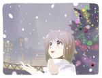  andou_chikanori artist_request blush brown_hair christmas_tree city cityscape hagiwara_yukiho idolmaster looking_up short_hair skyline smile snowflakes snowing solo source_request yellow_eyes 