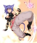 animal_ears bare_shoulders belt black_gloves boots bracer breasts brown_eyes cat_ears clenched_hand elbow_gloves fingerless_gloves fist gloves highres houtengeki kicking lavender_hair motion_blur original pants serious short_hair solo tail tight tight_clothing 