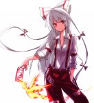 bow dress_shirt fire fujiwara_no_mokou hair_bow hand_in_pocket holding large_bow long_hair looking_at_viewer ofuda pants red_eyes shirofox shirt silver_hair simple_background sleeves_rolled_up solo suspenders touhou unbuttoned very_long_hair white_background white_hair 