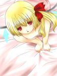  akina_(schism) bad_id bed blonde_hair flandre_scarlet red_eyes side_ponytail solo the_embodiment_of_scarlet_devil touhou wings 