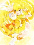  ;d arm_up blonde_hair cure_peace double_v dress from_above happy kise_yayoi long_hair looking_at_viewer magical_girl no_nose open_mouth pipipi32 precure smile smile_precure! solo v wink wrist_cuffs yellow yellow_dress yellow_eyes 