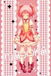  argyle argyle_background blush bow bubble_skirt character_name choker closed_eyes dress eyes_closed frills gem gloves hair_ribbon hokkekan kaname_madoka kneehighs magical_girl mahou_shoujo_madoka_magica mary_janes pink pink_background pink_hair ribbon shoes short_hair short_twintails smile solo twintails white_gloves white_legwear 