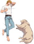  barefoot belt blonde_hair blue_eyes dakimakura dog highres imasan jeans john_(tiger_&amp;_bunny) keith_goodman male short_hair t-shirt thumbs_up tiger_&amp;_bunny 