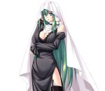  breasts cleavage detached_sleeves elleinduse_ol_tightrantell garter_straps green_hair hips kannatsuki_noboru large_breasts long_hair shawl shinkyoku_soukai_polyphonica side_slit solo transparent_background very_long_hair wide_hips 